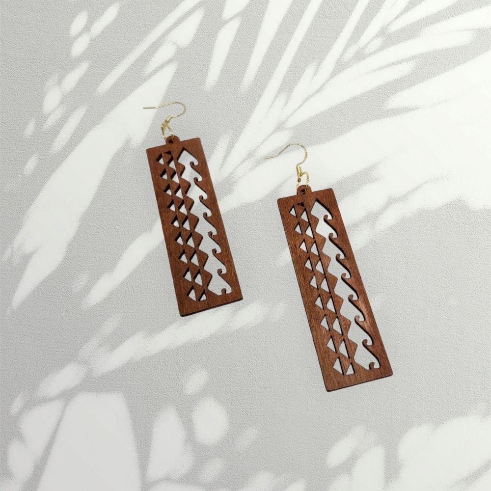 Native Scale Bohemian Drop Earrings Gold Brushed Sterling Silver Wooden Dangle